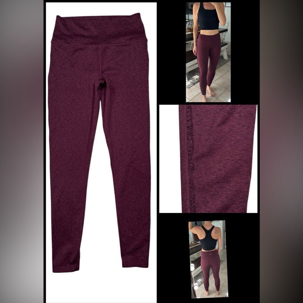 Core 10 Womens Maroon Red Ruffle Trim Mid Rise Slimming Activewear Legging